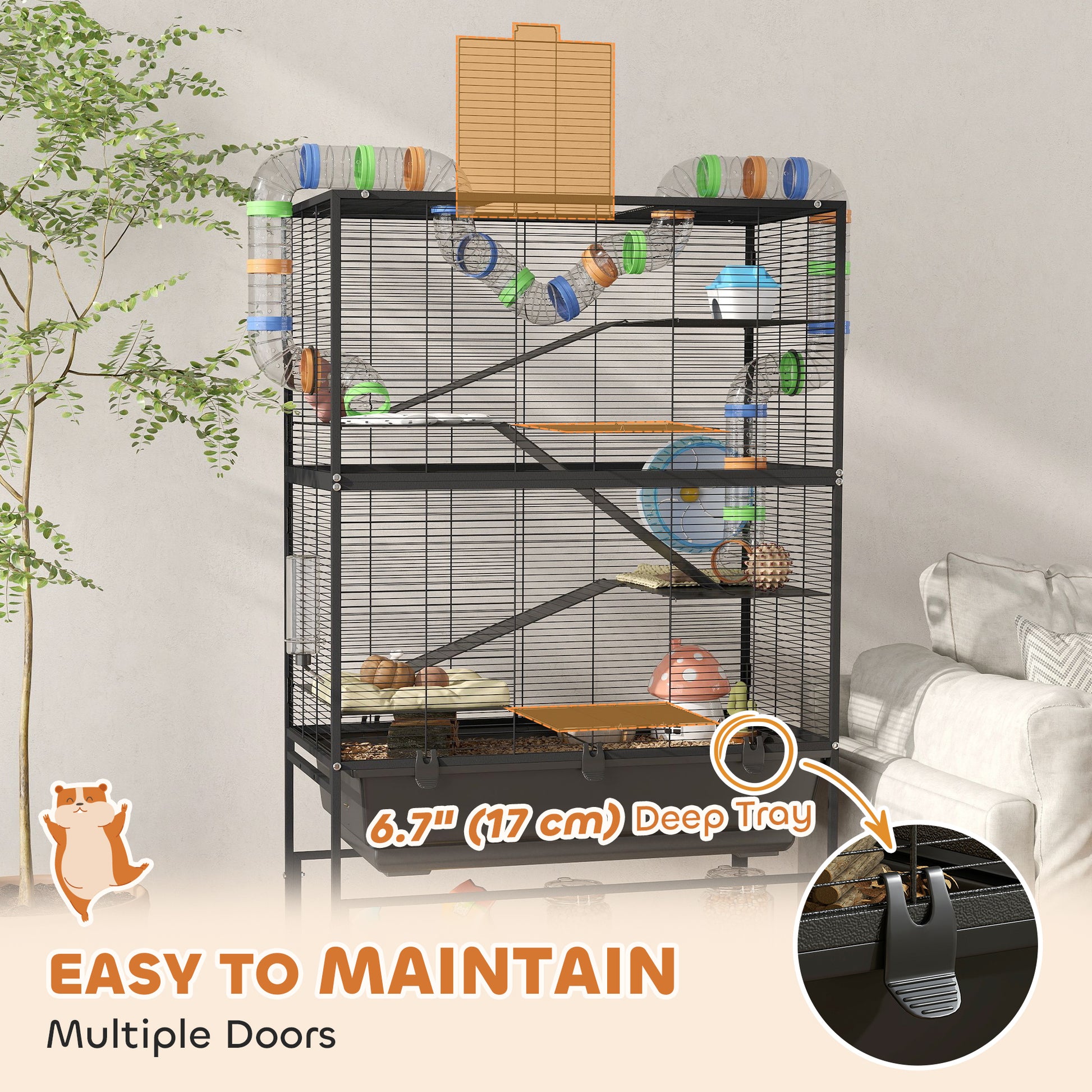 5-Tier Rolling Hamster Cage with Storage Shelf - Black-DECOROLALA