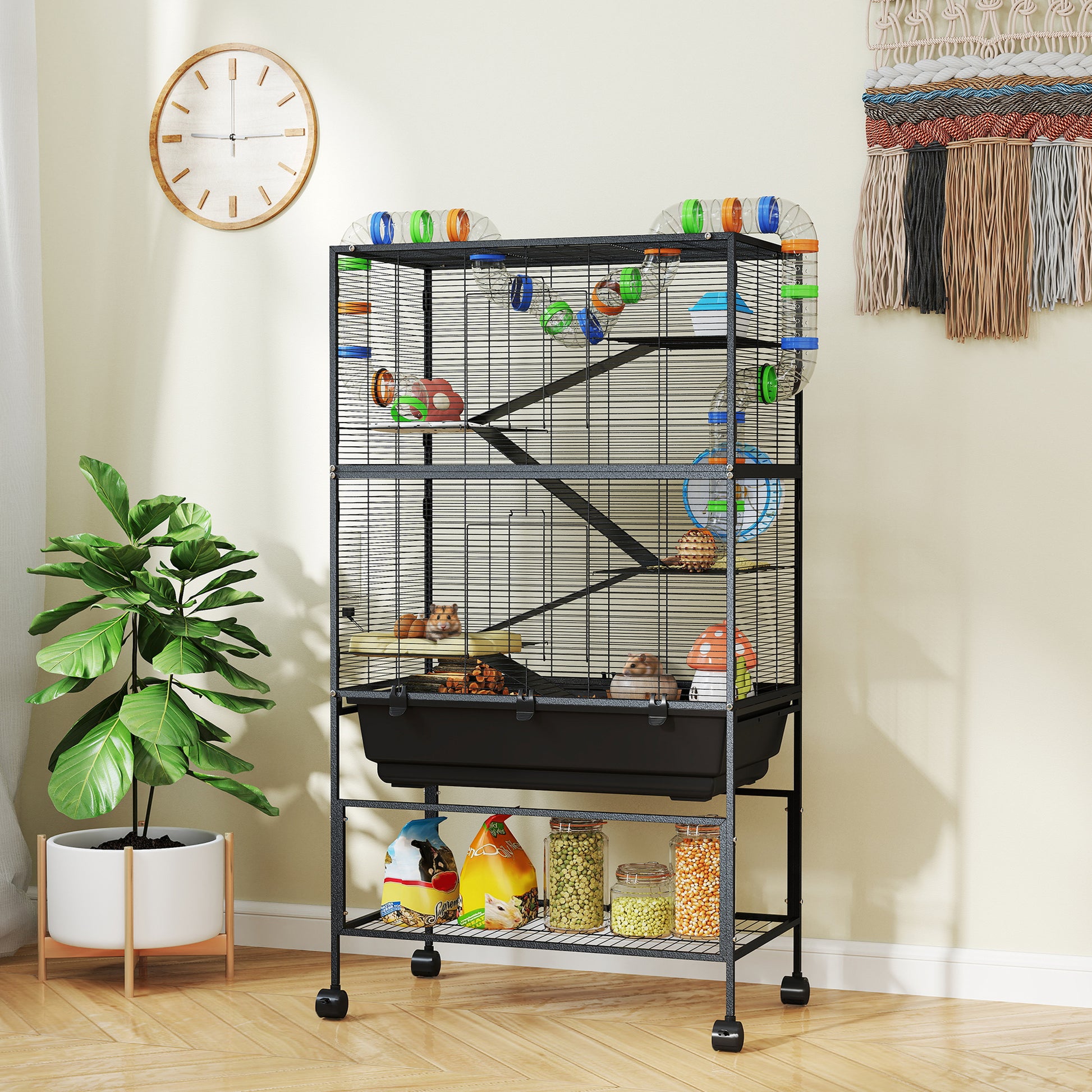 5-Tier Rolling Hamster Cage with Storage Shelf - Black-DECOROLALA