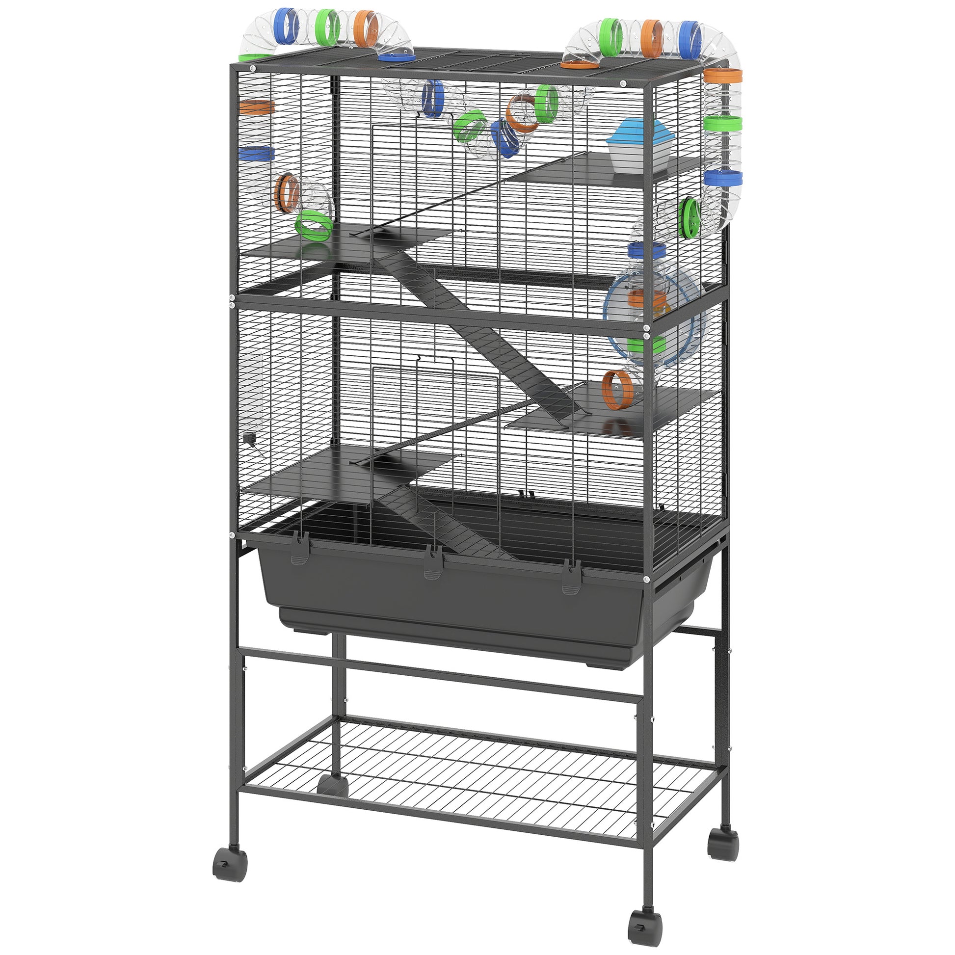 5-Tier Rolling Hamster Cage with Storage Shelf - Black-DECOROLALA