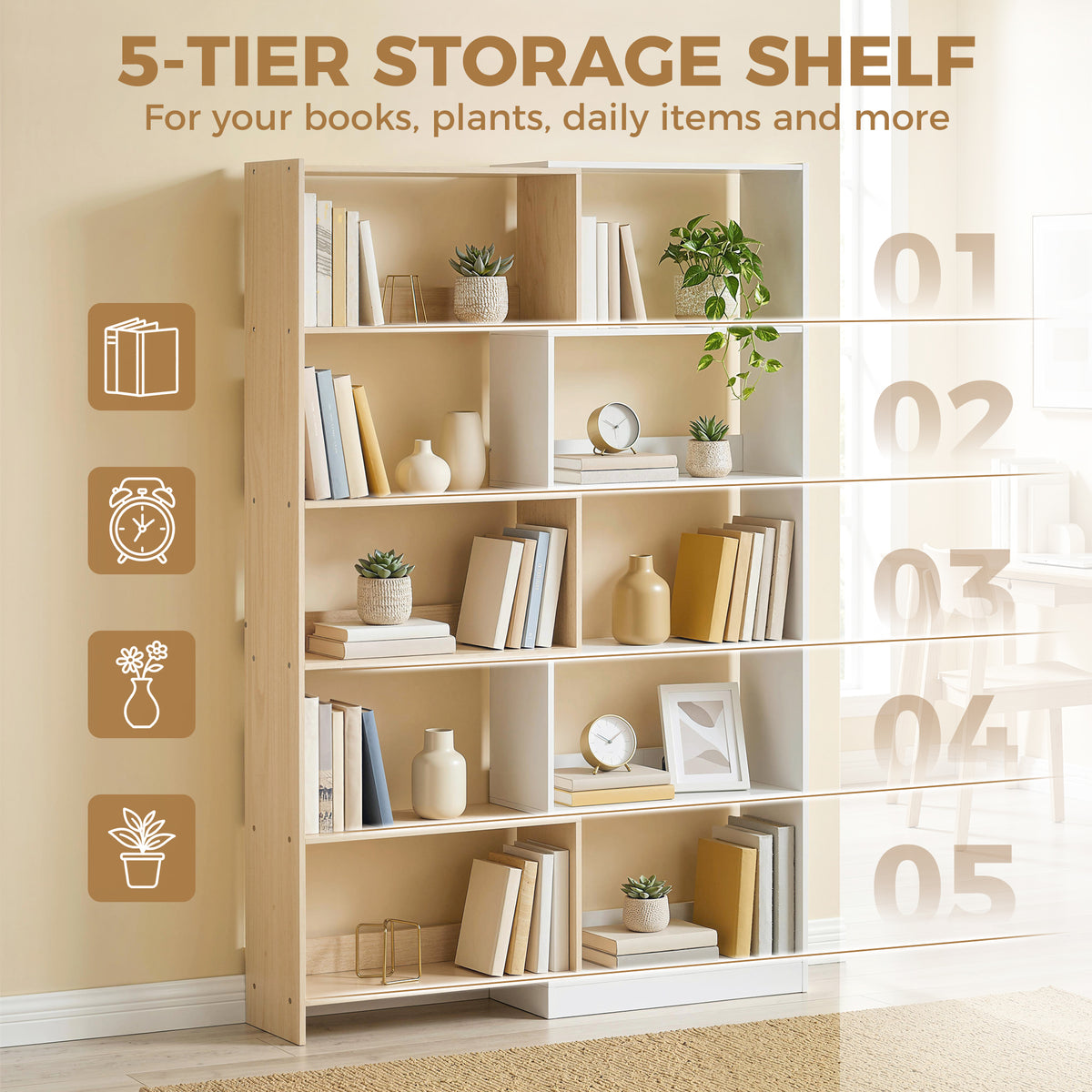 5-Tier Rotating Corner Bookshelf - Fruitwood/White-Home Furnishings > Storage & Organization > Bookshelves & Bookcases > Display Bookshelves-DECOROLALA
