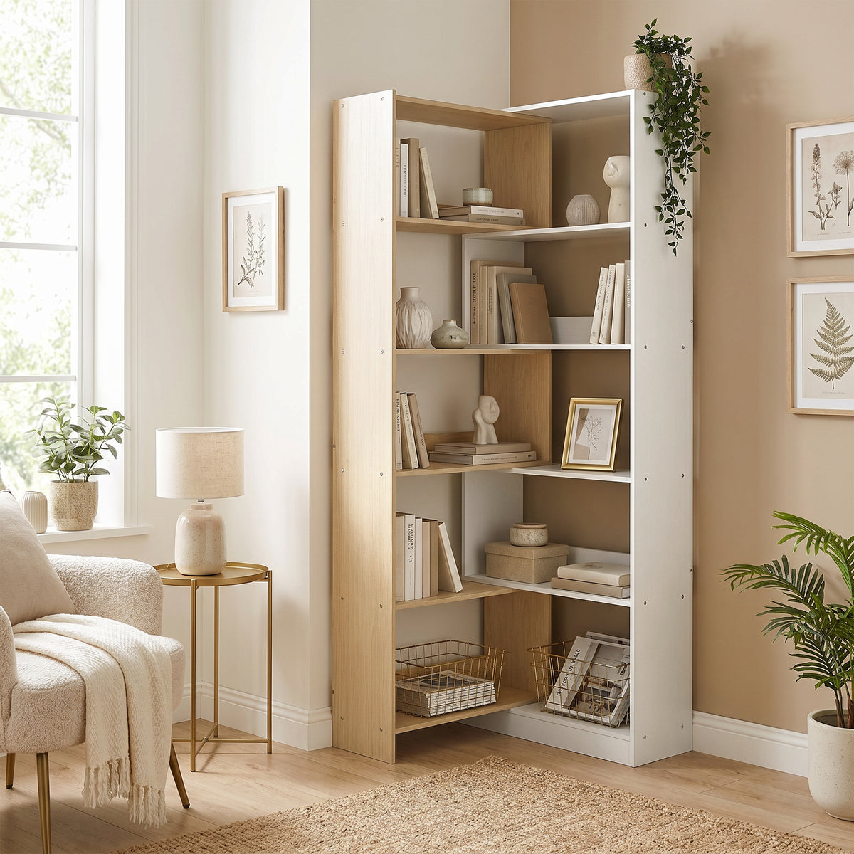 5-Tier Rotating Corner Bookshelf - Fruitwood/White-Home Furnishings > Storage & Organization > Bookshelves & Bookcases > Display Bookshelves-DECOROLALA