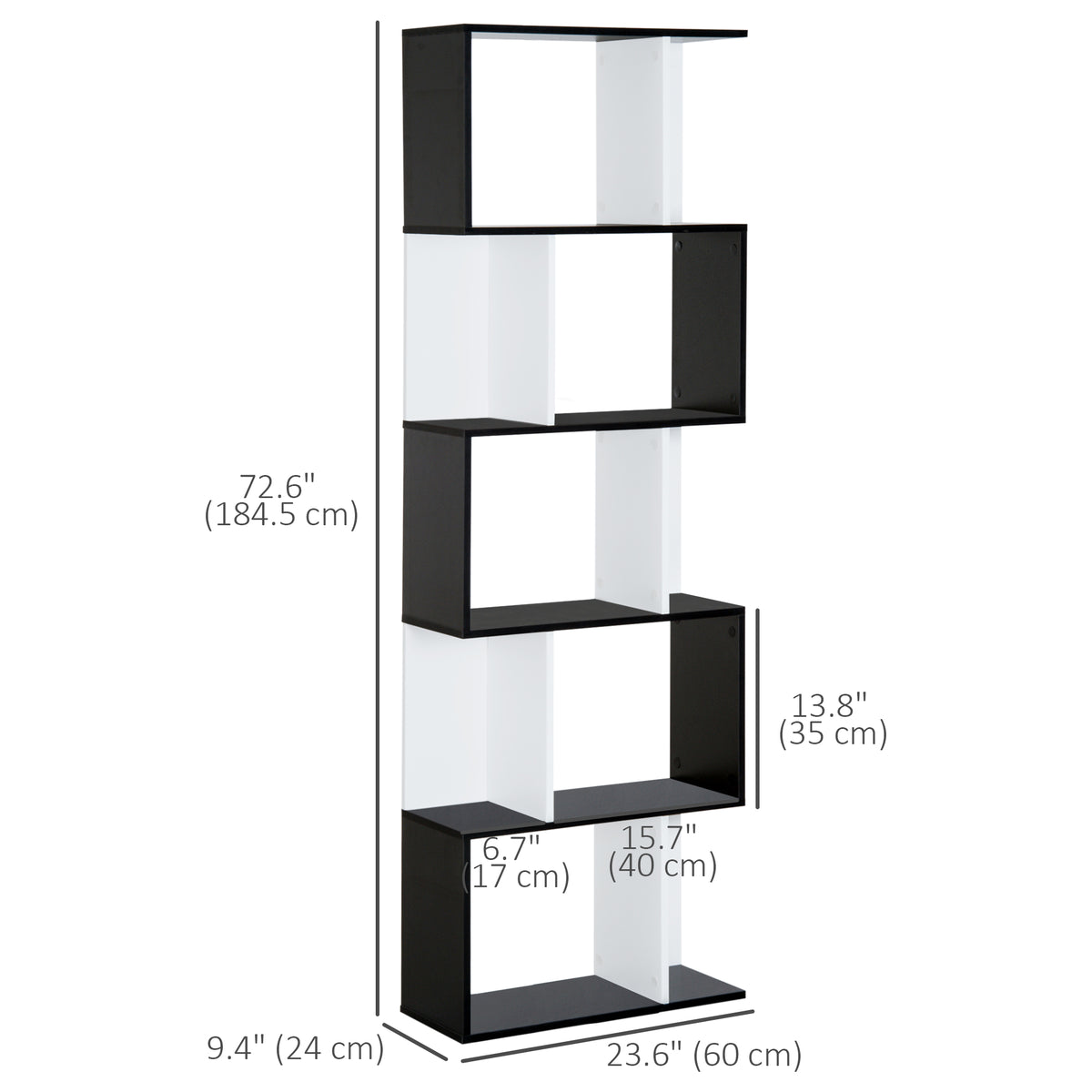 5-Tier S-Shape Bookcase Room Divider - Black 72.6" H-Home Furnishings > Storage & Organization > Bookshelves & Bookcases > Display Bookshelves-DECOROLALA