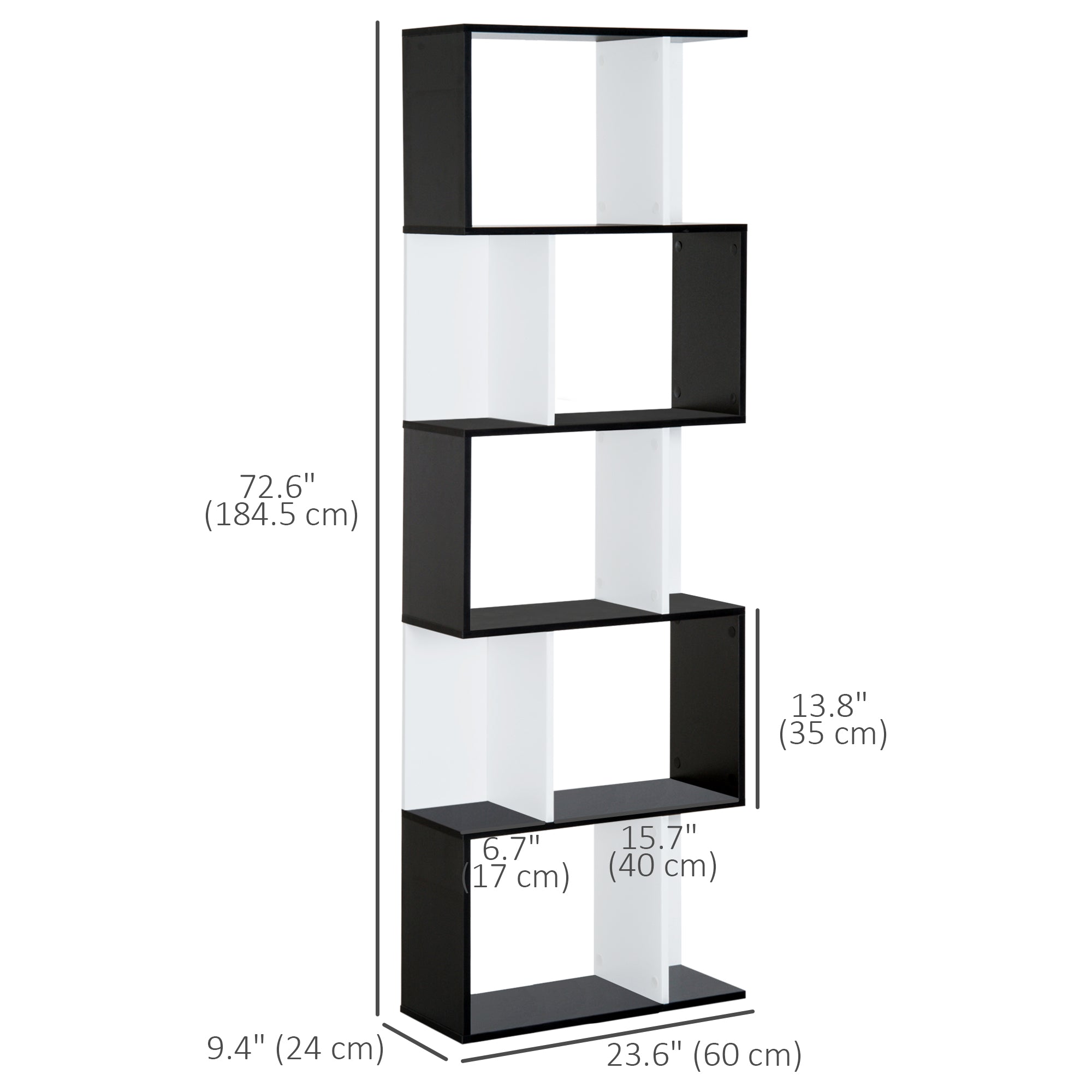5-Tier S-Shape Bookcase Room Divider - Black 72.6" H-Home Furnishings > Storage & Organization > Bookshelves & Bookcases > Display Bookshelves-DECOROLALA
