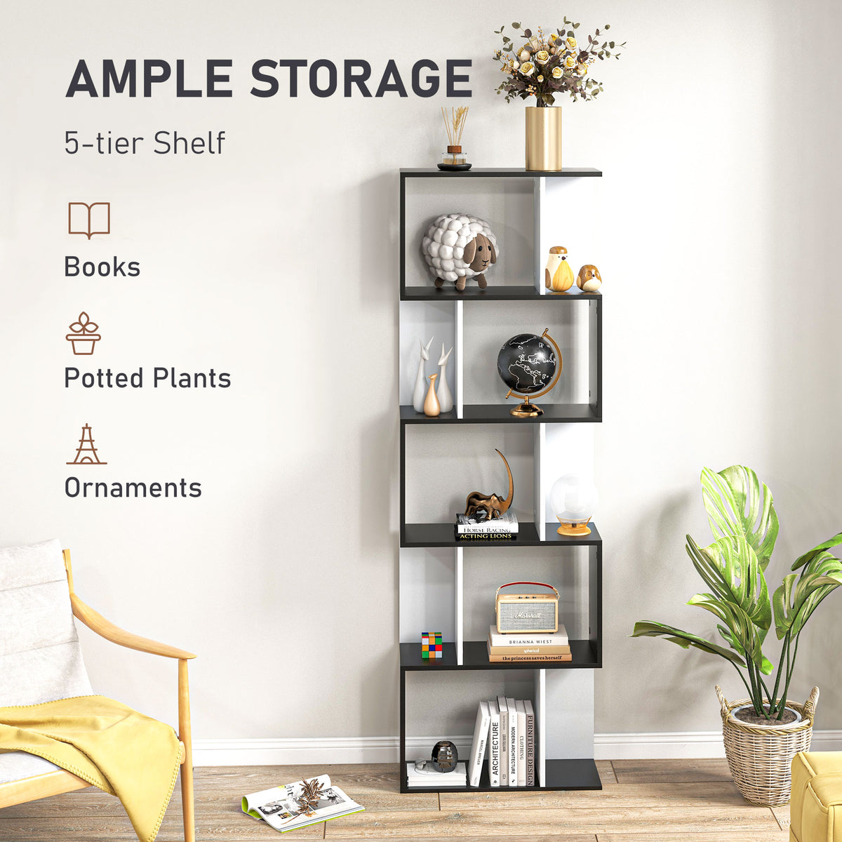5-Tier S-Shape Bookcase Room Divider - Black 72.6" H-Home Furnishings > Storage & Organization > Bookshelves & Bookcases > Display Bookshelves-DECOROLALA
