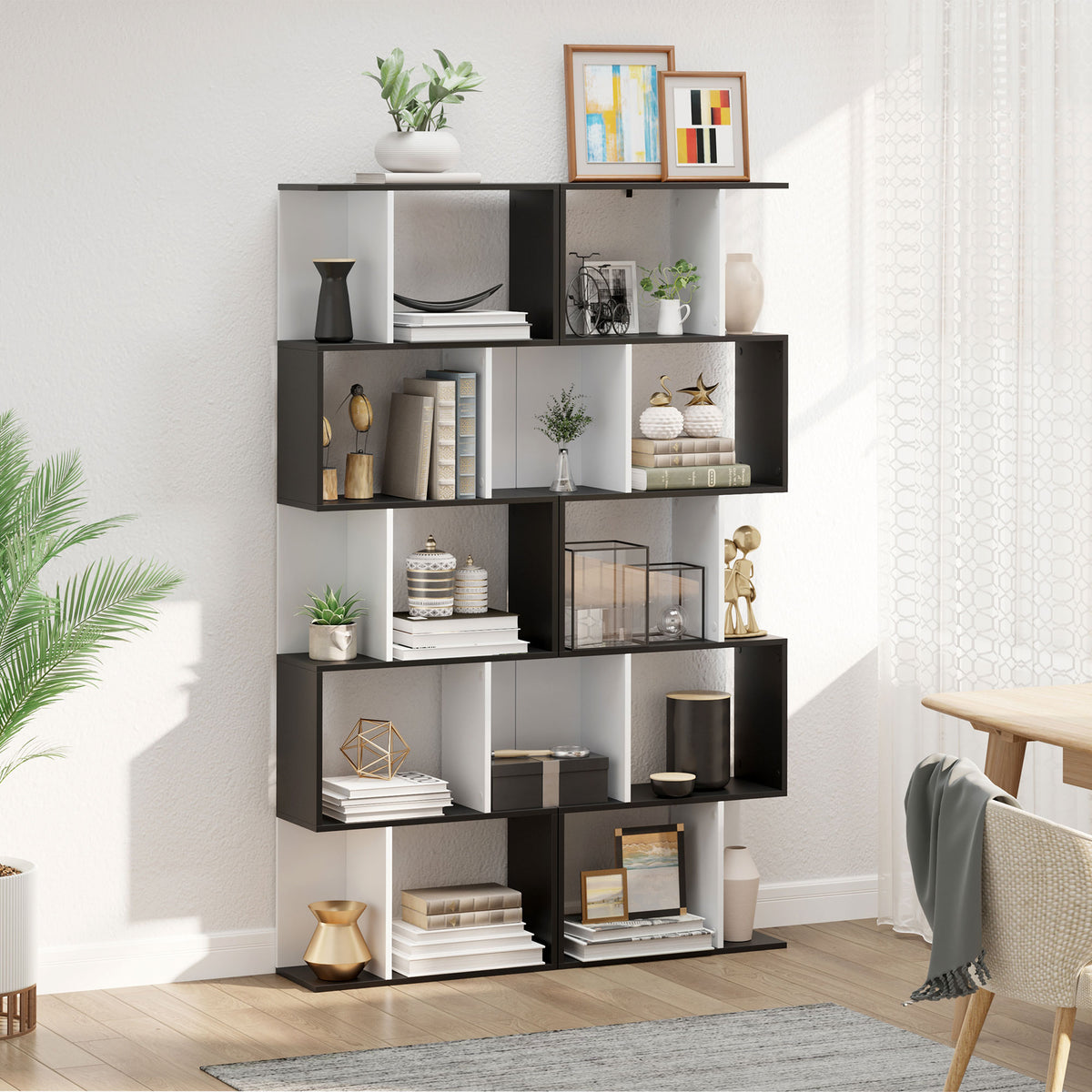 5-Tier S-Shape Bookcase Room Divider - Black 72.6" H-Home Furnishings > Storage & Organization > Bookshelves & Bookcases > Display Bookshelves-DECOROLALA