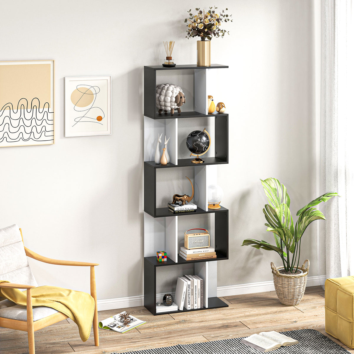 5-Tier S-Shape Bookcase Room Divider - Black 72.6" H-Home Furnishings > Storage & Organization > Bookshelves & Bookcases > Display Bookshelves-DECOROLALA