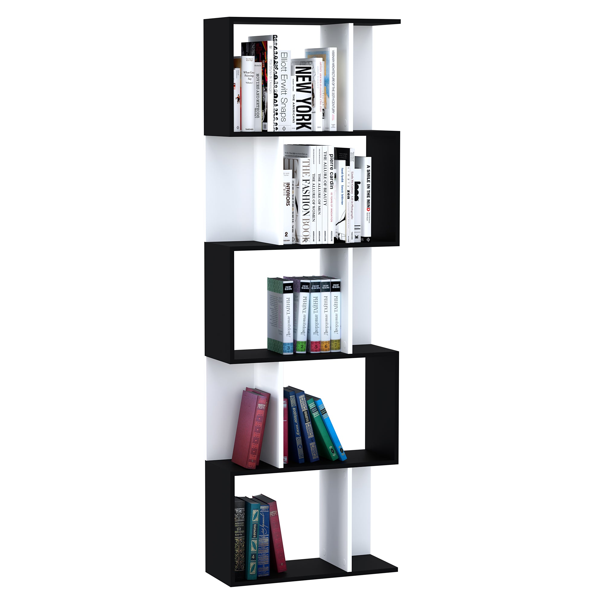 5-Tier S-Shape Bookcase Room Divider - Black 72.6" H-Home Furnishings > Storage & Organization > Bookshelves & Bookcases > Display Bookshelves-DECOROLALA