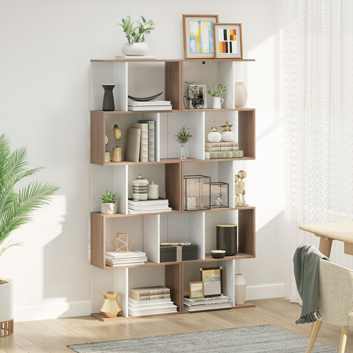 5-Tier S-Shape Geometric Bookcase Room Divider - White-Home Furnishings > Storage & Organization > Bookshelves & Bookcases > Display Bookshelves-DECOROLALA
