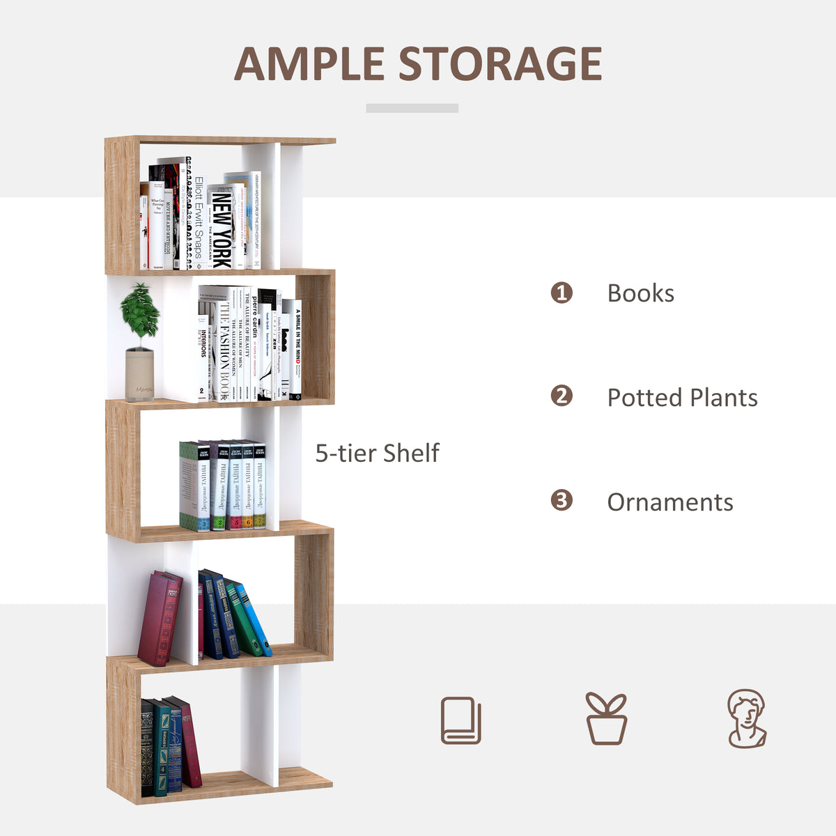 5-Tier S-Shape Geometric Bookcase Room Divider - White-Home Furnishings > Storage & Organization > Bookshelves & Bookcases > Display Bookshelves-DECOROLALA
