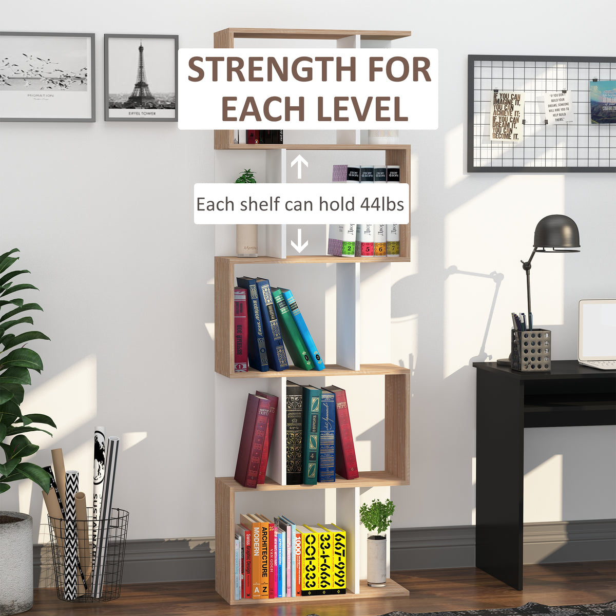 5-Tier S-Shape Geometric Bookcase Room Divider - White-Home Furnishings > Storage & Organization > Bookshelves & Bookcases > Display Bookshelves-DECOROLALA