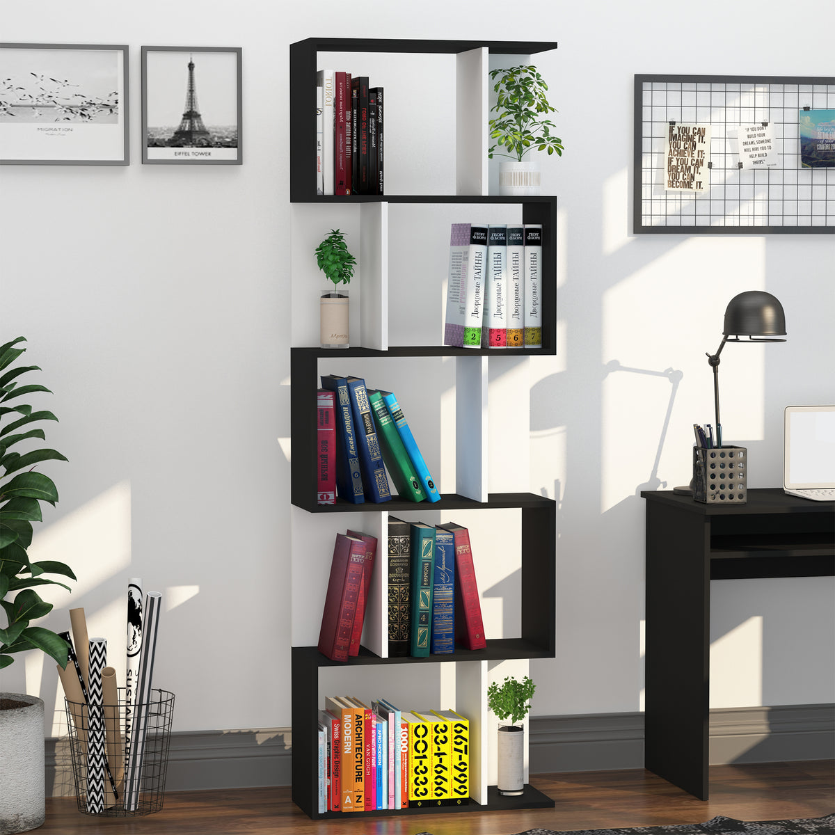 5-Tier S-Shape Geometric Bookcase Room Divider - White-Home Furnishings > Storage & Organization > Bookshelves & Bookcases > Display Bookshelves-DECOROLALA