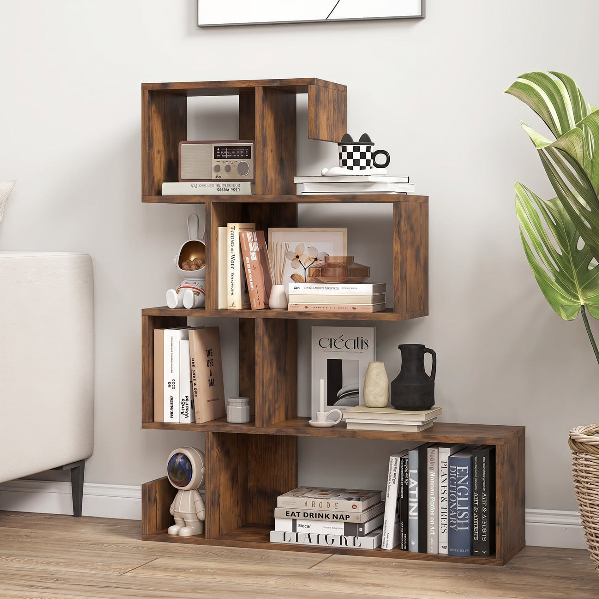 5-Tier S-Shaped Bookshelf Geometric Z-Shelf Bookcase with Open Cubes-Rustic Brown-Bookcases-DECOROLALA