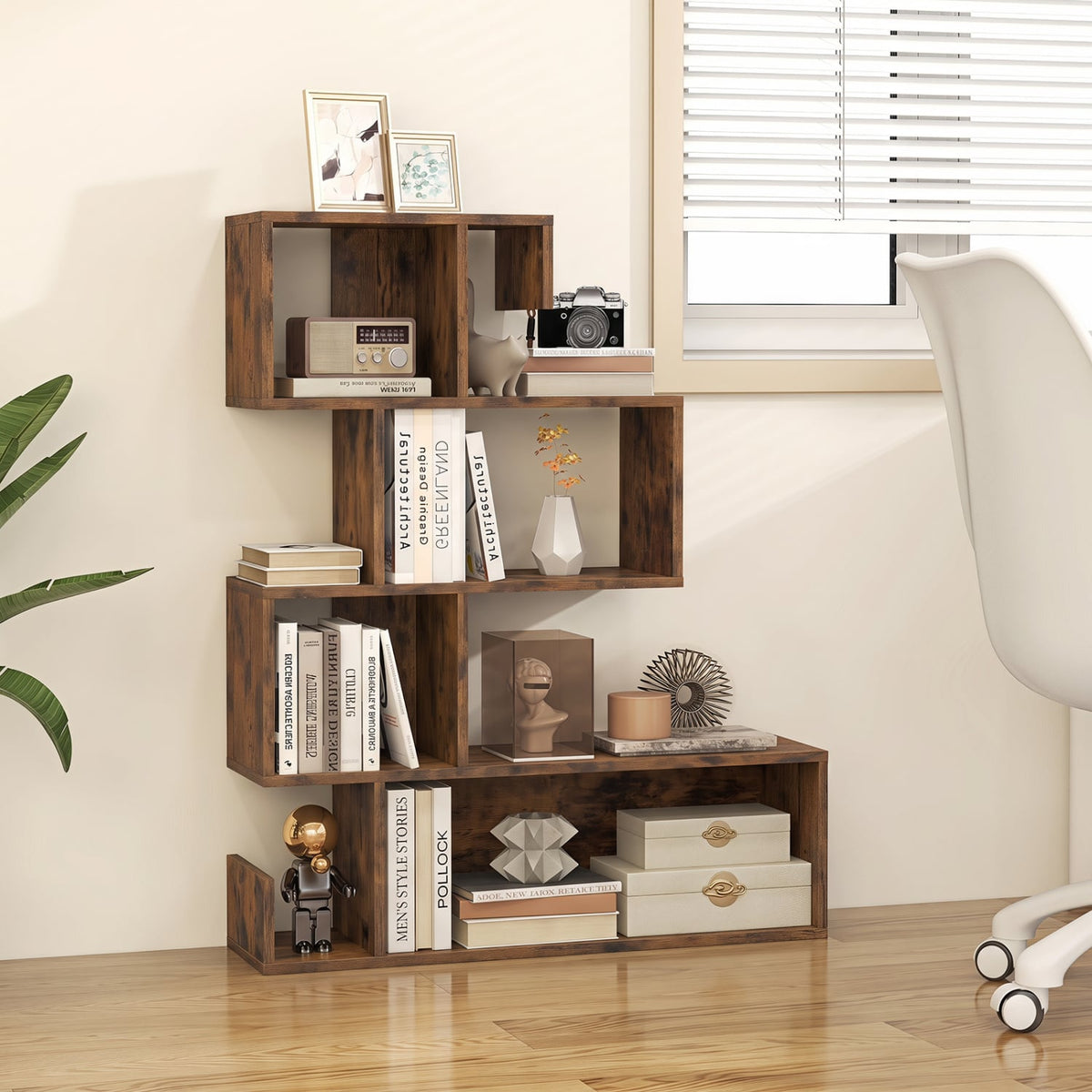 5-Tier S-Shaped Bookshelf Geometric Z-Shelf Bookcase with Open Cubes-Rustic Brown-Bookcases-DECOROLALA