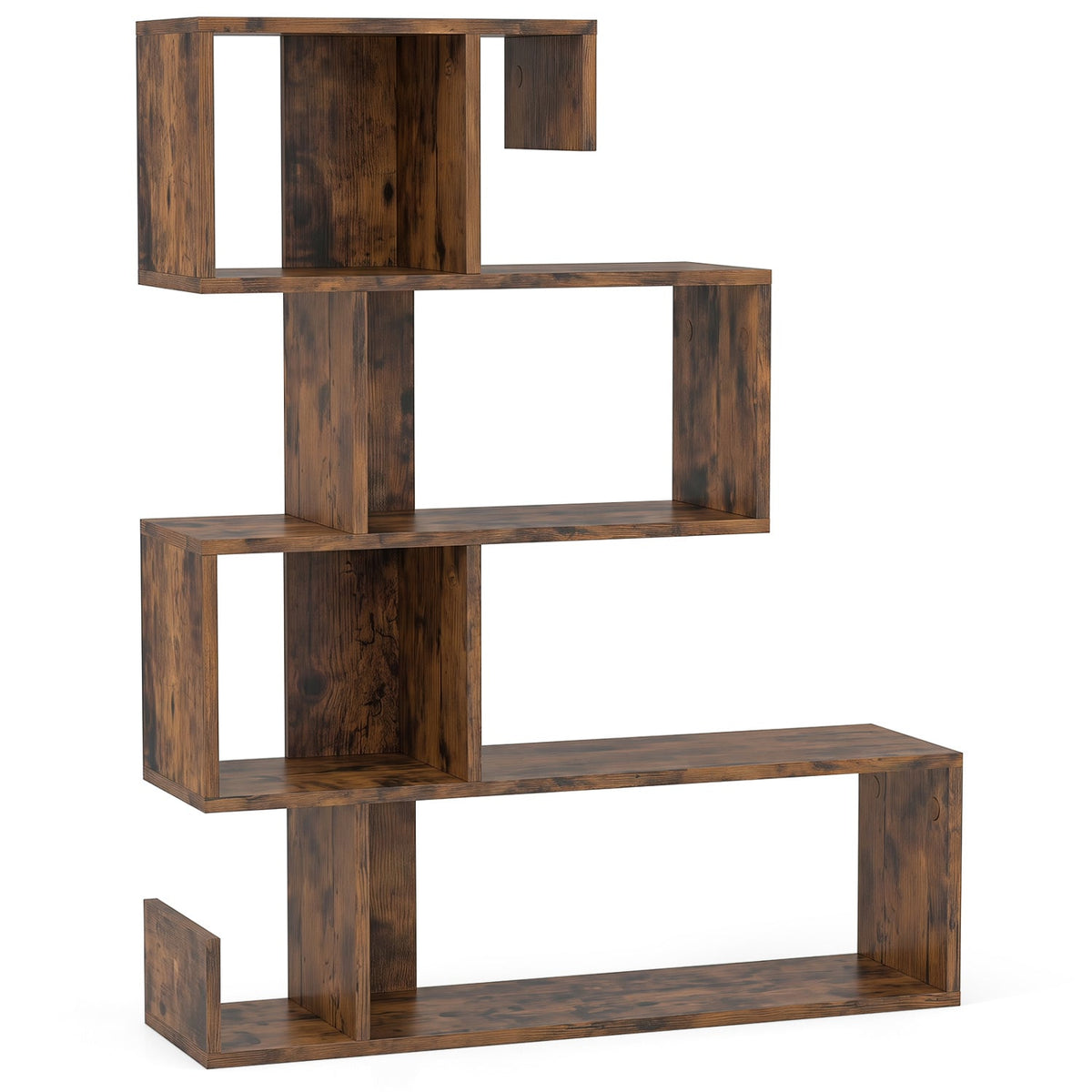 5-Tier S-Shaped Bookshelf Geometric Z-Shelf Bookcase with Open Cubes-Rustic Brown-Bookcases-DECOROLALA