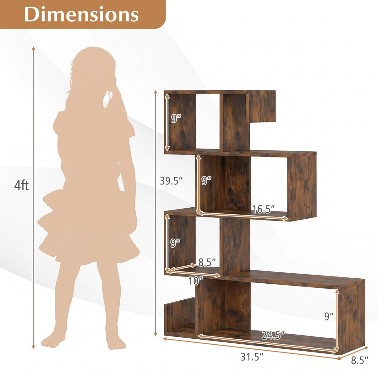 5-Tier S-Shaped Bookshelf Geometric Z-Shelf Bookcase with Open Cubes-Rustic Brown-Bookcases-DECOROLALA