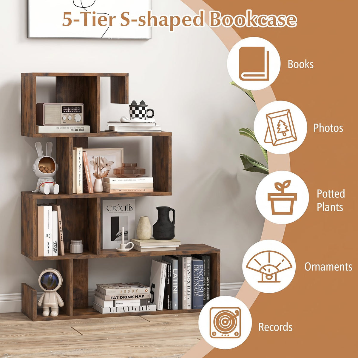 5-Tier S-Shaped Bookshelf Geometric Z-Shelf Bookcase with Open Cubes-Rustic Brown-Bookcases-DECOROLALA