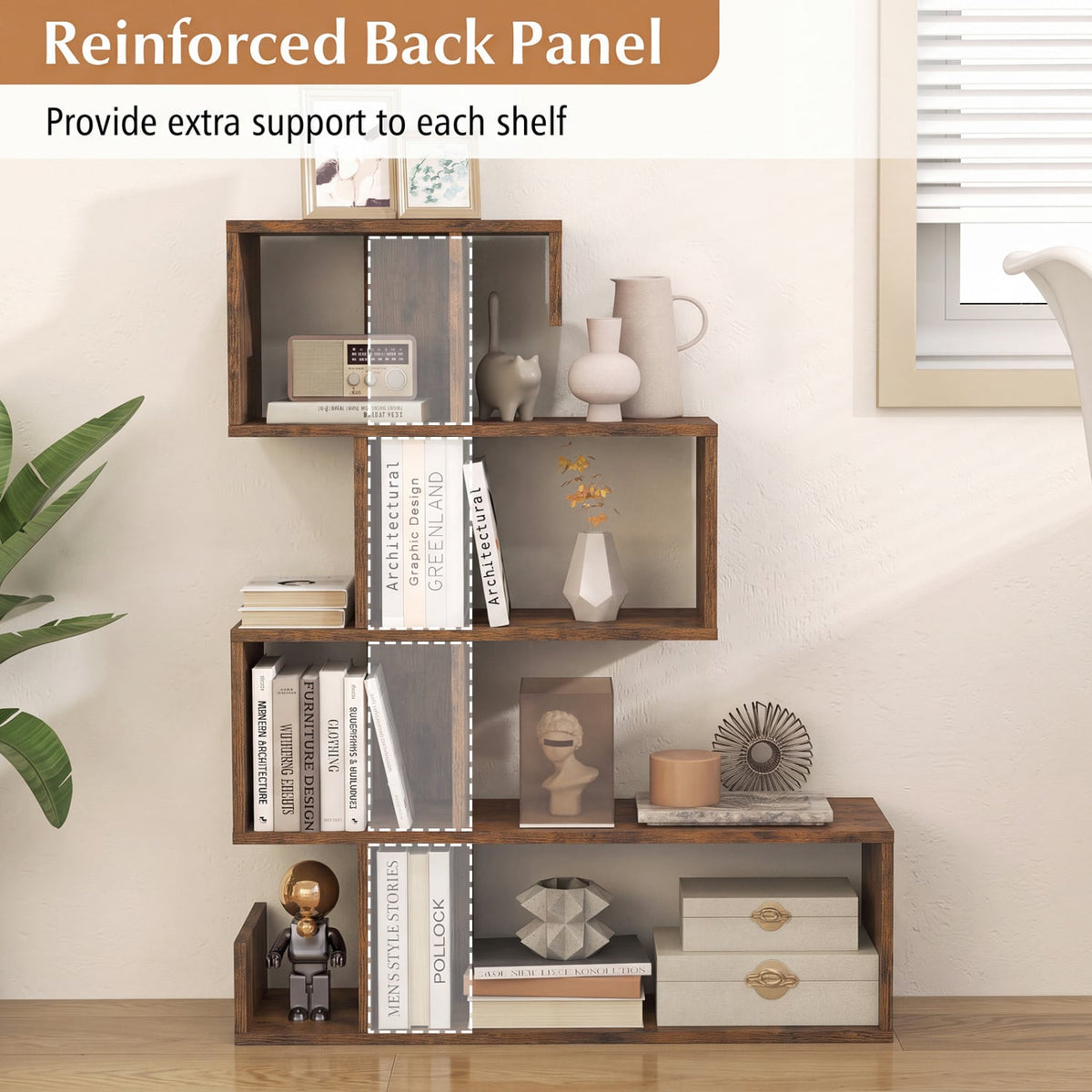 5-Tier S-Shaped Bookshelf Geometric Z-Shelf Bookcase with Open Cubes-Rustic Brown-Bookcases-DECOROLALA