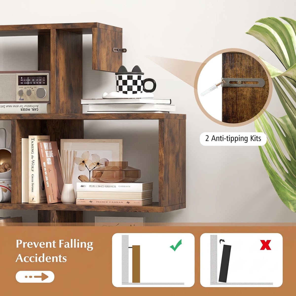 5-Tier S-Shaped Bookshelf Geometric Z-Shelf Bookcase with Open Cubes-Rustic Brown-Bookcases-DECOROLALA