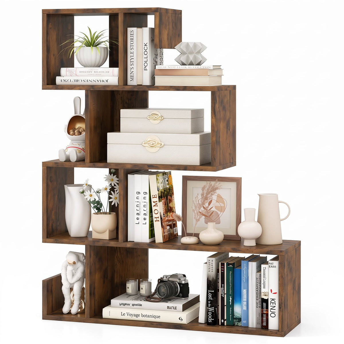 5-Tier S-Shaped Bookshelf Geometric Z-Shelf Bookcase with Open Cubes-Rustic Brown-Bookcases-DECOROLALA