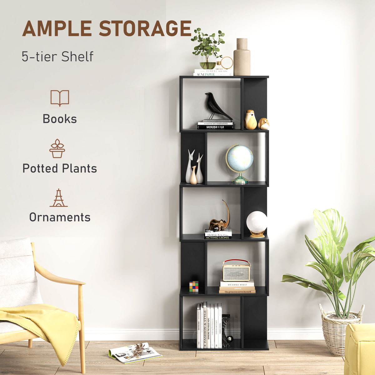 5-Tier S-Shaped Bookshelf - Modern Black 73" Room Divider-Display Bookshelves-DECOROLALA