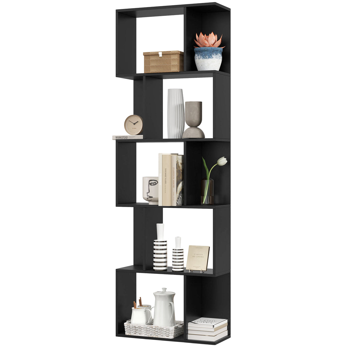 5-Tier S-Shaped Bookshelf - Modern Black 73" Room Divider-Display Bookshelves-DECOROLALA