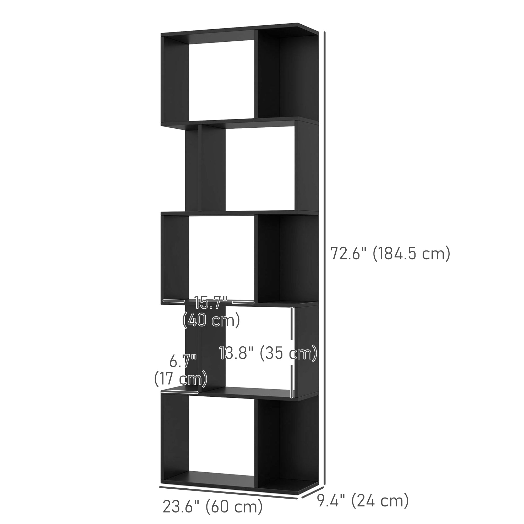 5-Tier S-Shaped Bookshelf - Modern Black 73" Room Divider-Home Furnishings > Storage & Organization > Bookshelves & Bookcases > Display Bookshelves-DECOROLALA