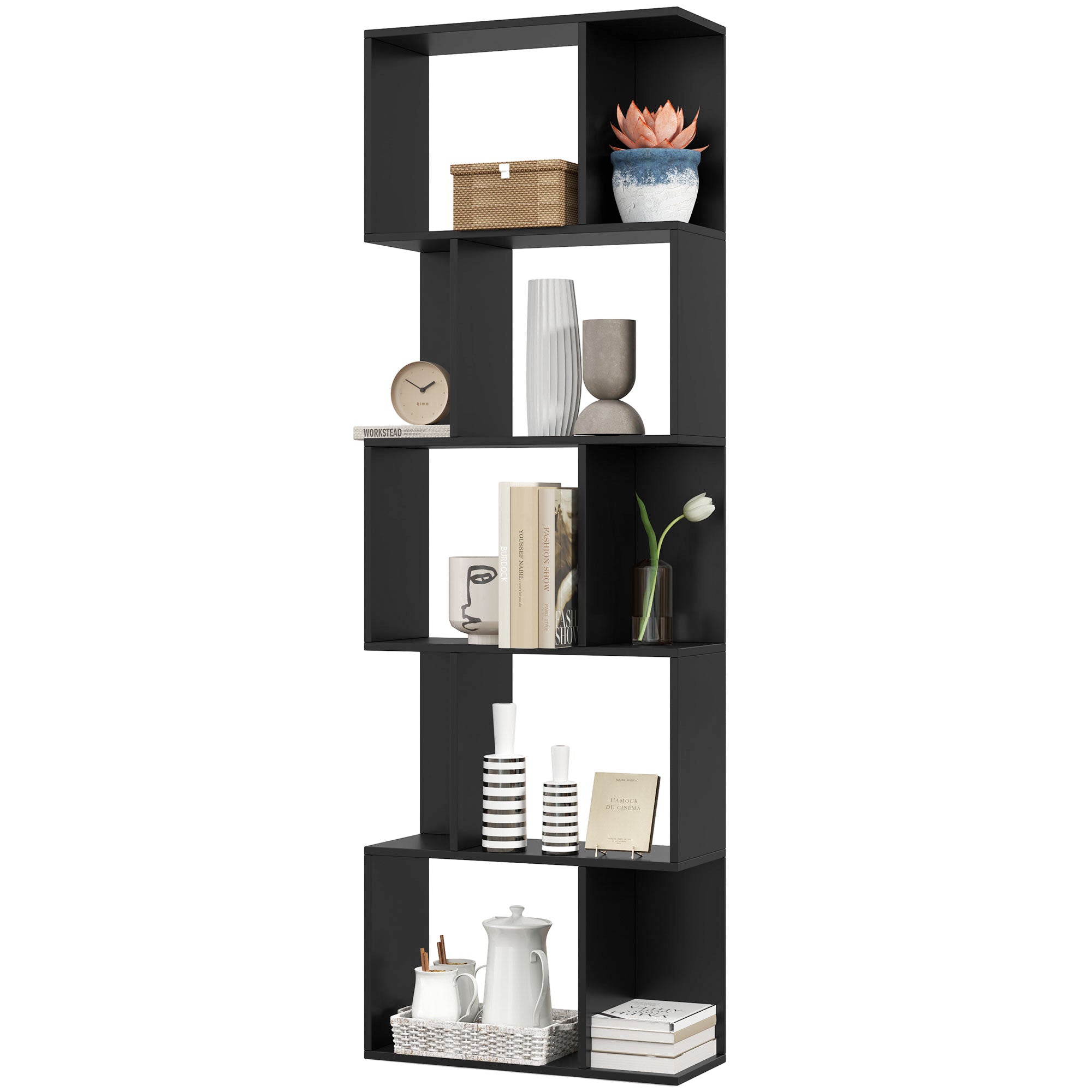 5-Tier S-Shaped Bookshelf - Modern Black 73" Room Divider-Home Furnishings > Storage & Organization > Bookshelves & Bookcases > Display Bookshelves-DECOROLALA