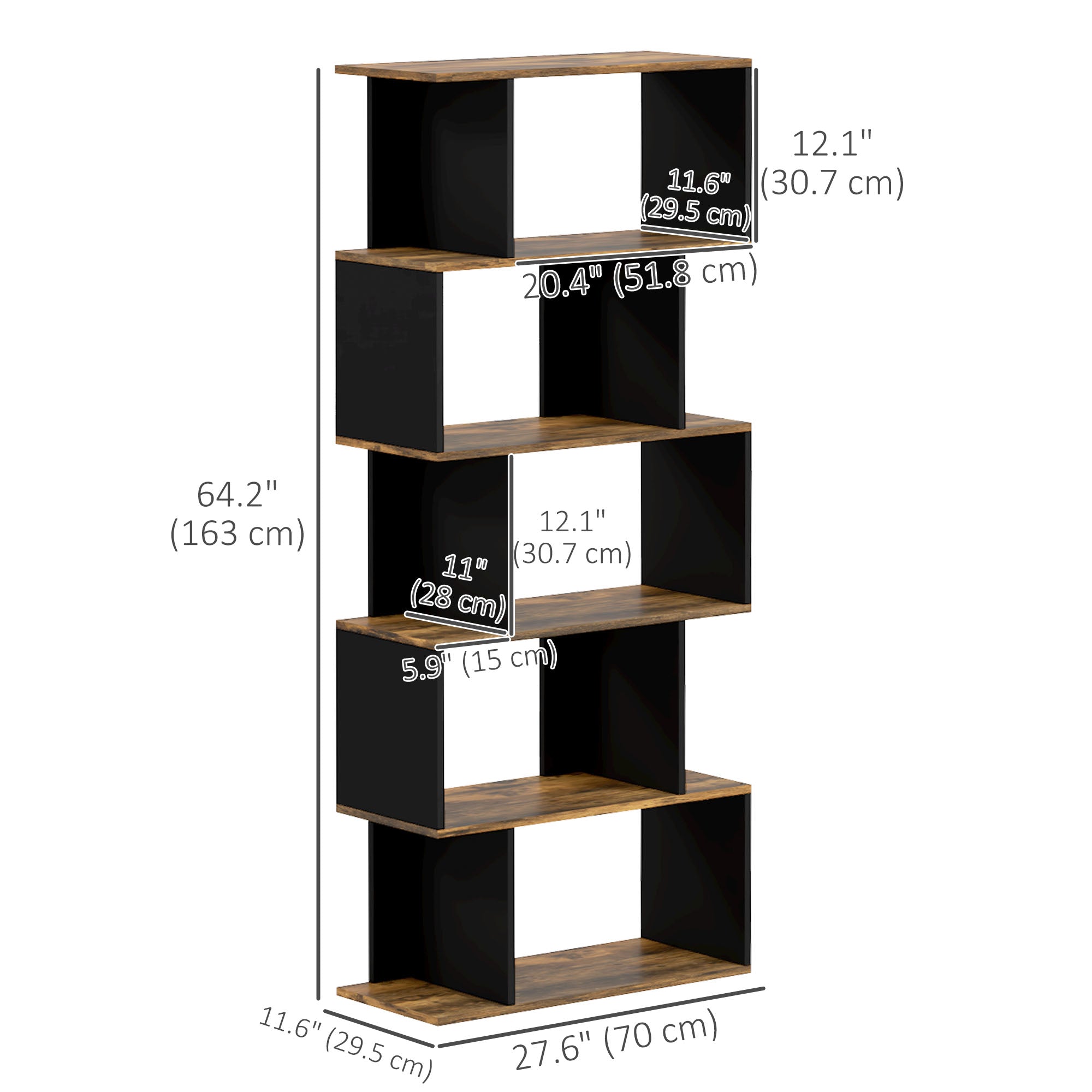 5-Tier S-Shaped Bookshelf - Rustic Brown 64" Tall-Home Furnishings > Storage & Organization > Bookshelves & Bookcases > Display Bookshelves-DECOROLALA