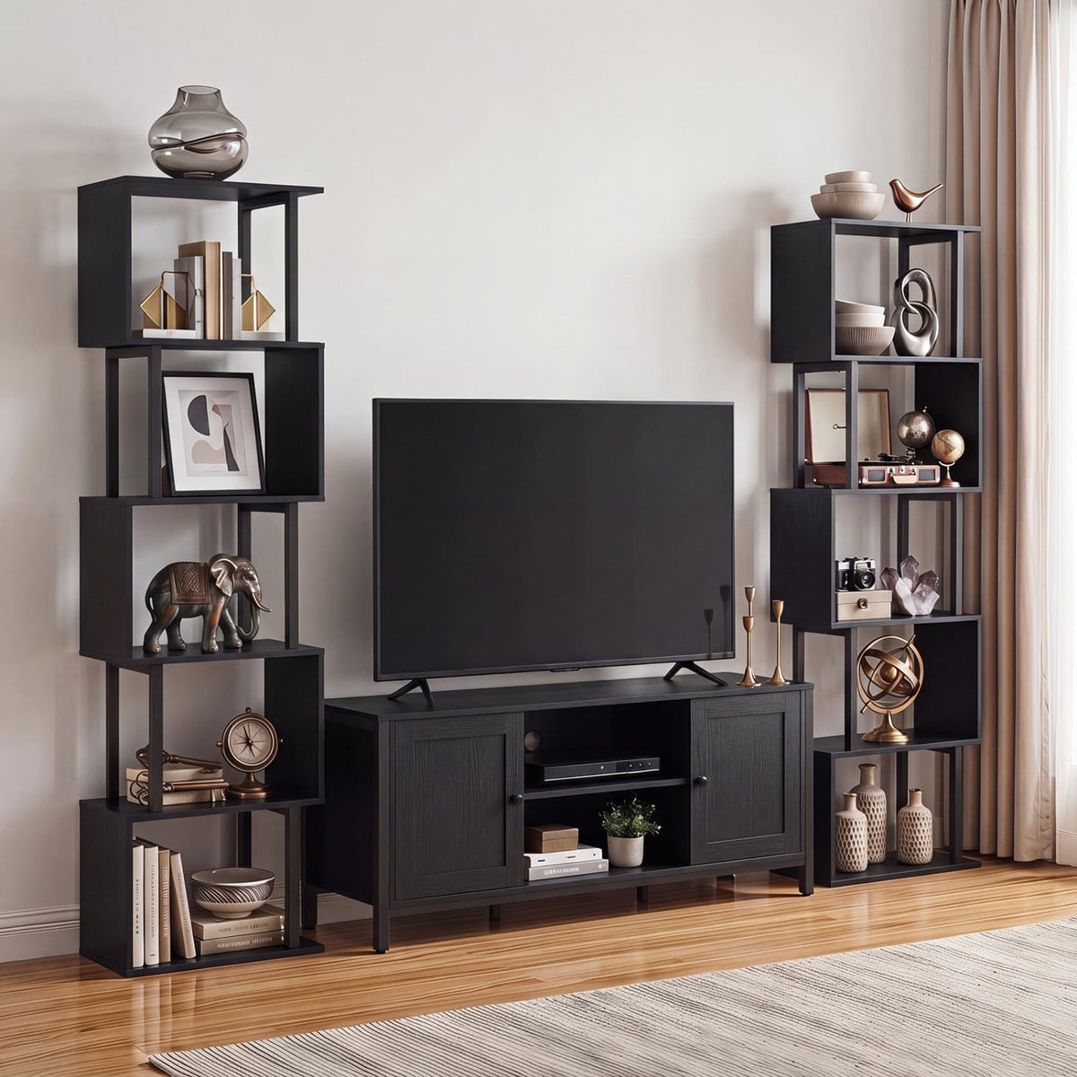 5-Tier S-Shaped Bookshelf w/ Open Cubes & Anti-toppling Kits for Living Room-Black-Bookcases-DECOROLALA