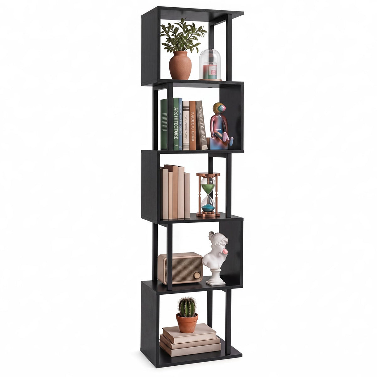 5-Tier S-Shaped Bookshelf w/ Open Cubes & Anti-toppling Kits for Living Room-Black-Bookcases-DECOROLALA