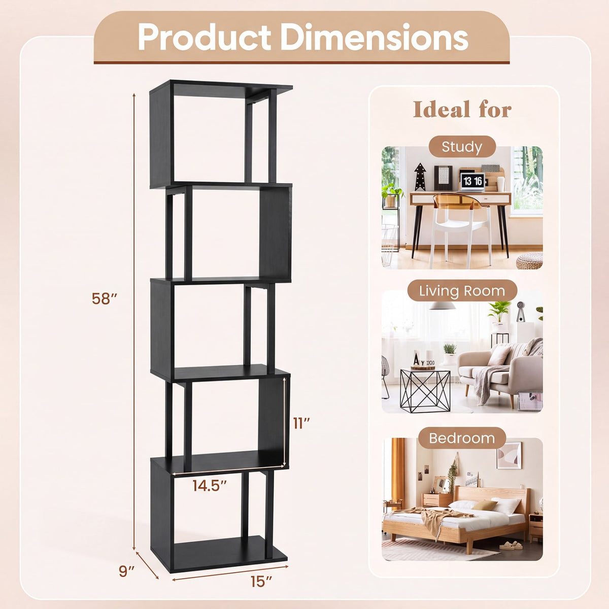 5-Tier S-Shaped Bookshelf w/ Open Cubes & Anti-toppling Kits for Living Room-Black-Bookcases-DECOROLALA