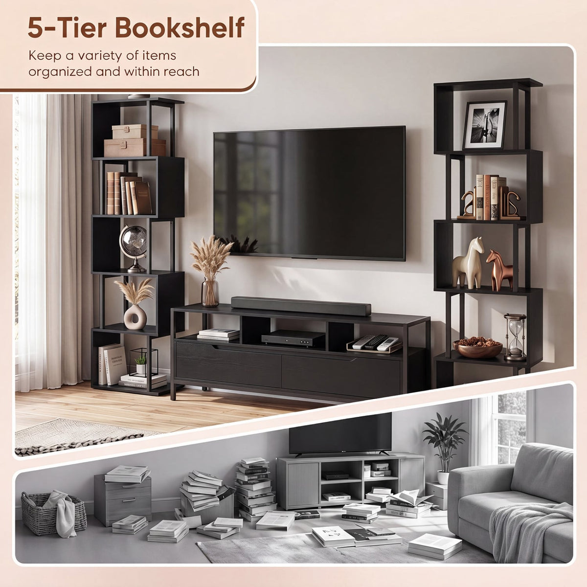 5-Tier S-Shaped Bookshelf w/ Open Cubes & Anti-toppling Kits for Living Room-Black-Bookcases-DECOROLALA