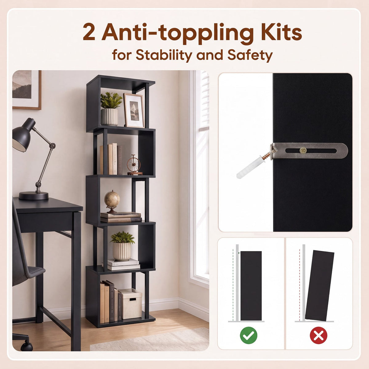 5-Tier S-Shaped Bookshelf w/ Open Cubes & Anti-toppling Kits for Living Room-Black-Bookcases-DECOROLALA