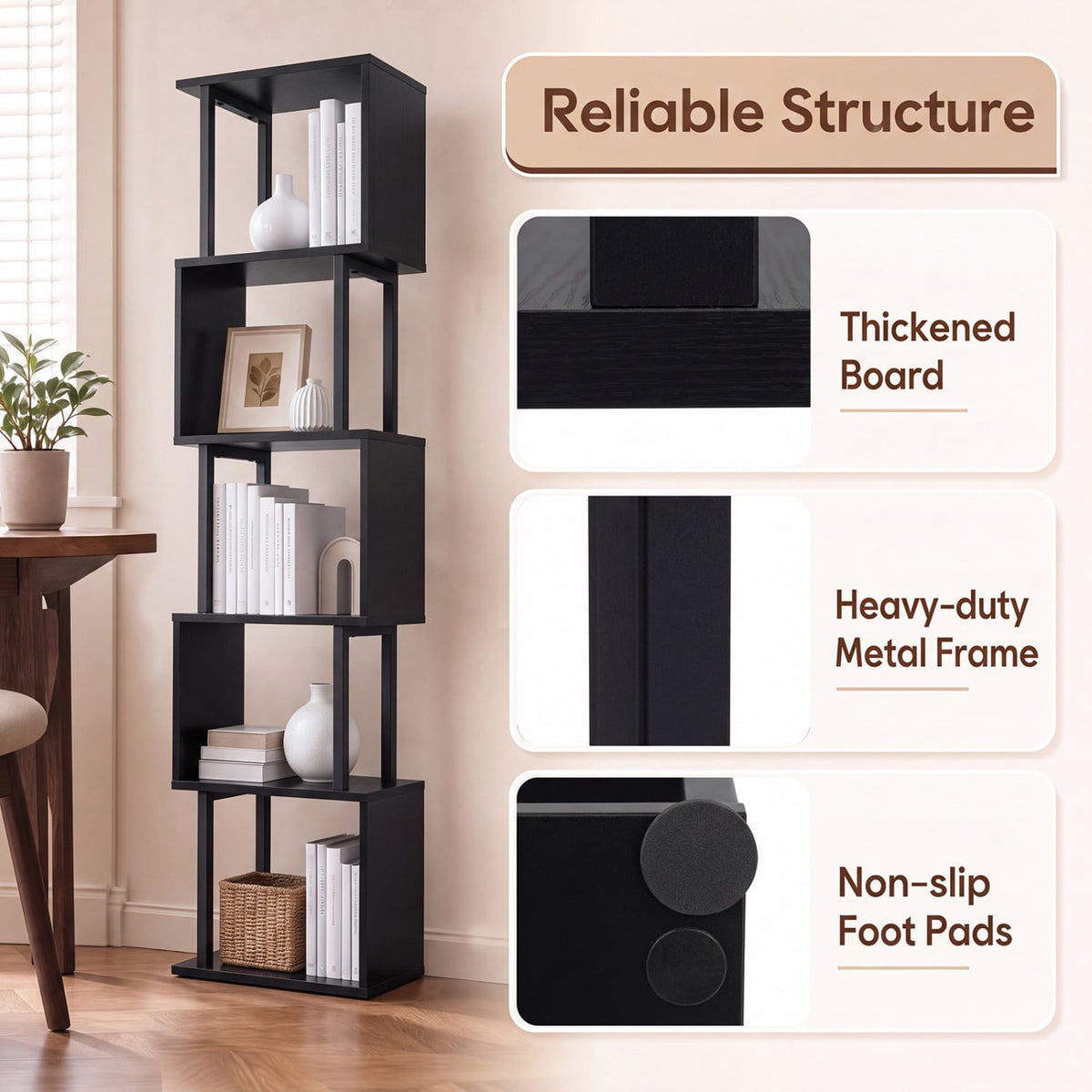 5-Tier S-Shaped Bookshelf w/ Open Cubes & Anti-toppling Kits for Living Room-Black-Bookcases-DECOROLALA
