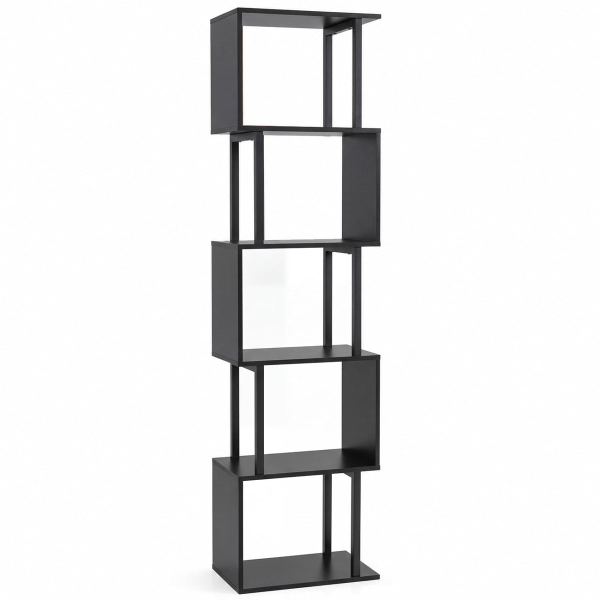 5-Tier S-Shaped Bookshelf w/ Open Cubes & Anti-toppling Kits for Living Room-Black-Bookcases-DECOROLALA