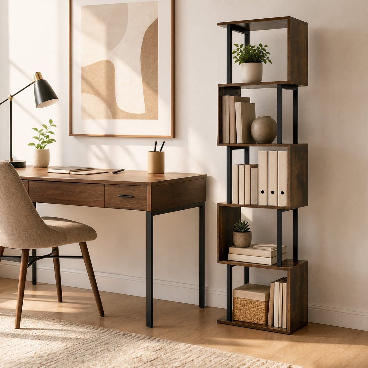 5-Tier S-Shaped Bookshelf w/ Open Cubes & Anti-toppling Kits for Living Room-Rustic Brown-Bookcases-DECOROLALA