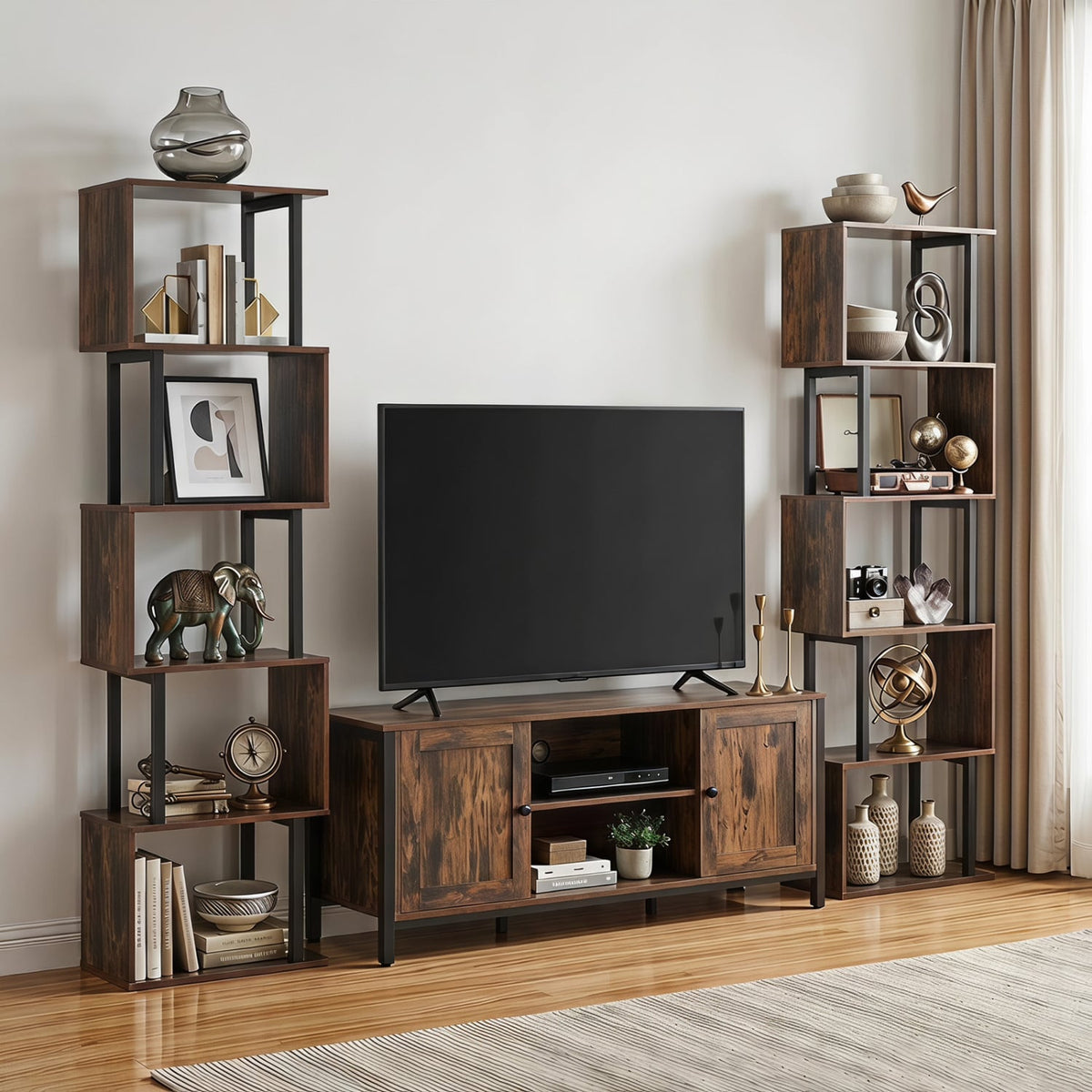 5-Tier S-Shaped Bookshelf w/ Open Cubes & Anti-toppling Kits for Living Room-Rustic Brown-Bookcases-DECOROLALA