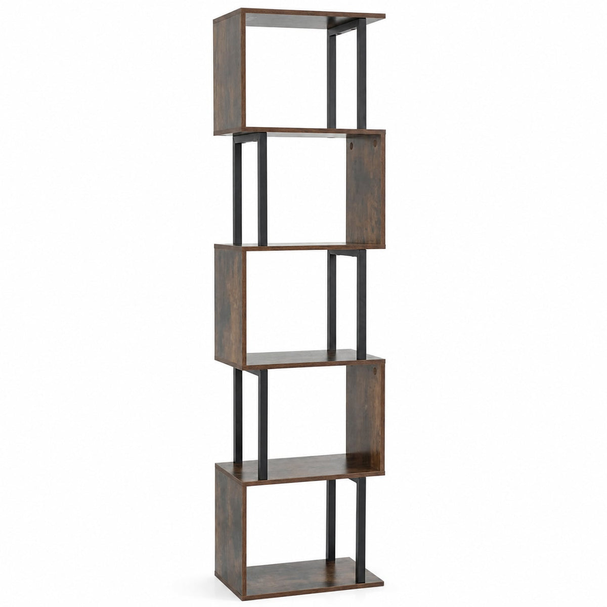 5-Tier S-Shaped Bookshelf w/ Open Cubes & Anti-toppling Kits for Living Room-Rustic Brown-Bookcases-DECOROLALA