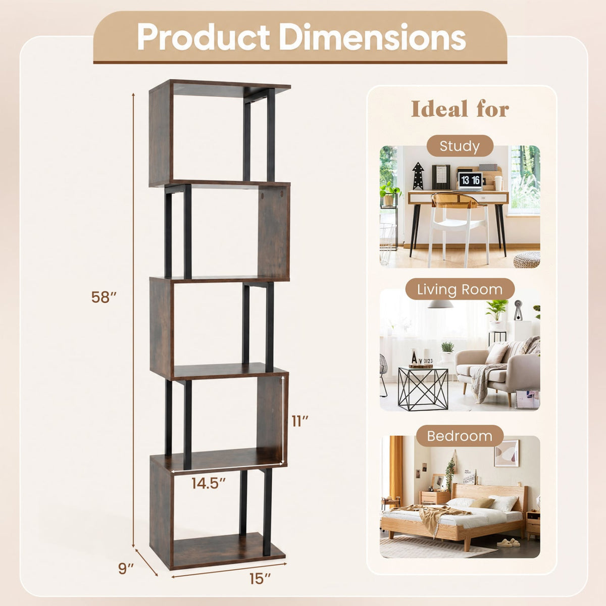 5-Tier S-Shaped Bookshelf w/ Open Cubes & Anti-toppling Kits for Living Room-Rustic Brown-Bookcases-DECOROLALA