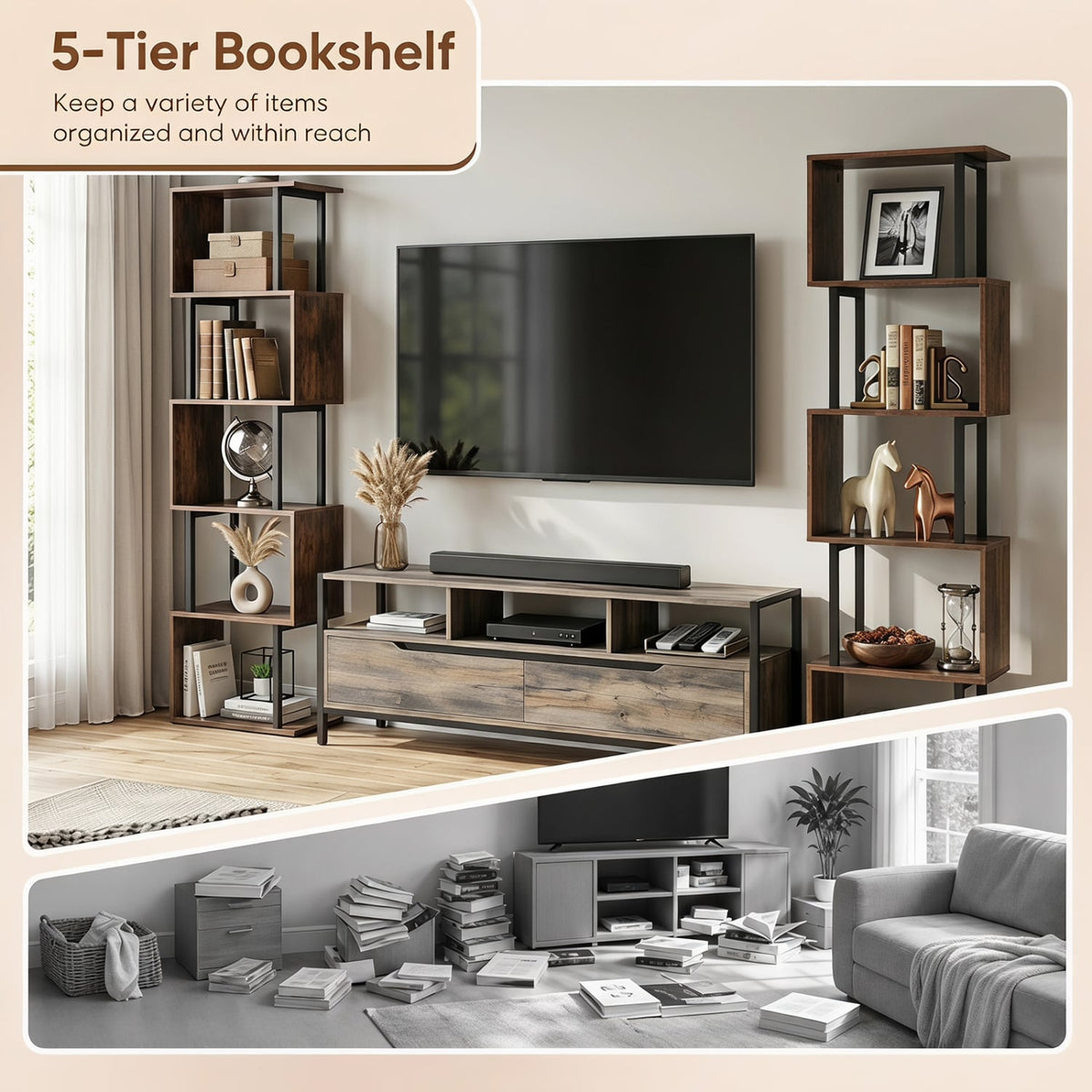 5-Tier S-Shaped Bookshelf w/ Open Cubes & Anti-toppling Kits for Living Room-Rustic Brown-Bookcases-DECOROLALA