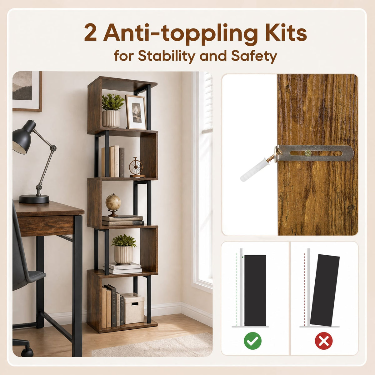 5-Tier S-Shaped Bookshelf w/ Open Cubes & Anti-toppling Kits for Living Room-Rustic Brown-Bookcases-DECOROLALA