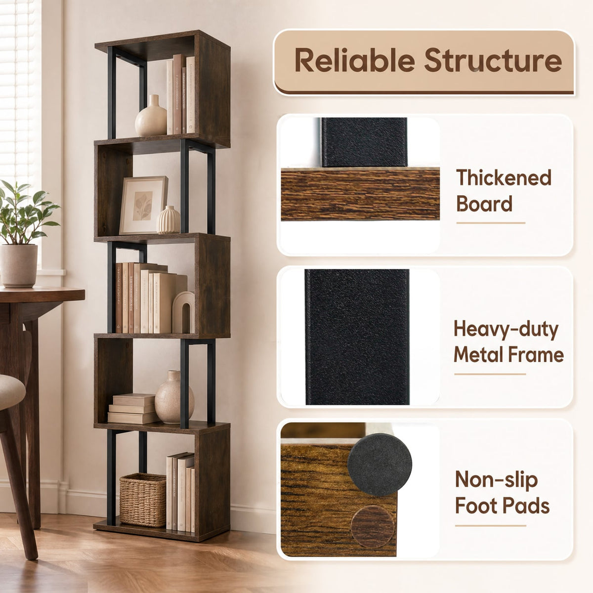 5-Tier S-Shaped Bookshelf w/ Open Cubes & Anti-toppling Kits for Living Room-Rustic Brown-Bookcases-DECOROLALA