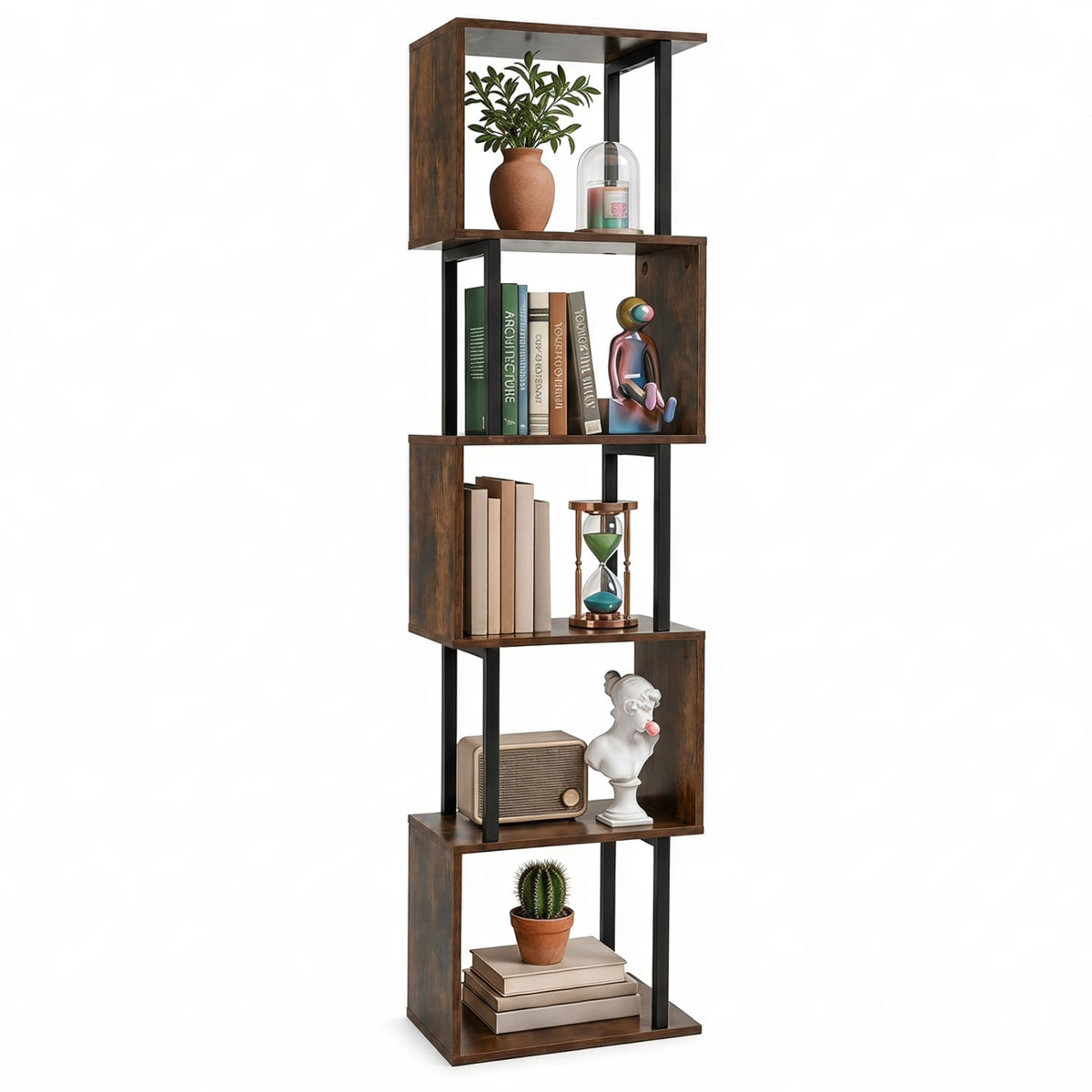 5-Tier S-Shaped Bookshelf w/ Open Cubes & Anti-toppling Kits for Living Room-Rustic Brown-Bookcases-DECOROLALA