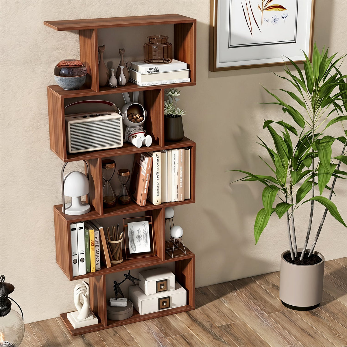 5-Tier S-Shaped Bookshelf with Anti-Tip Kit for Living Room Home Office-Walnut-Bookcases-DECOROLALA