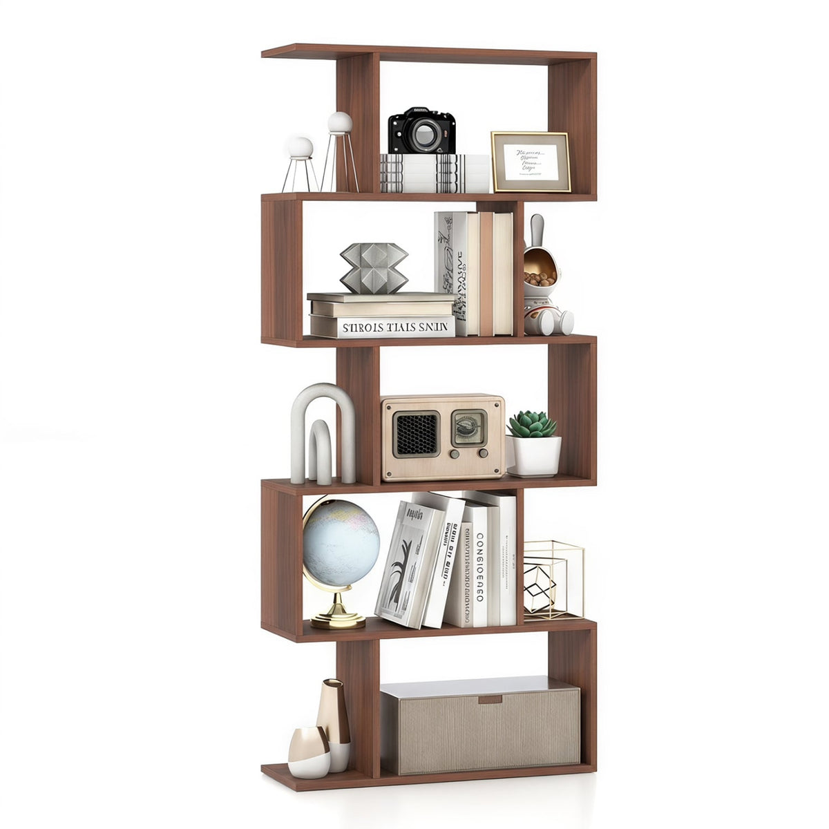 5-Tier S-Shaped Bookshelf with Anti-Tip Kit for Living Room Home Office-Walnut-Bookcases-DECOROLALA