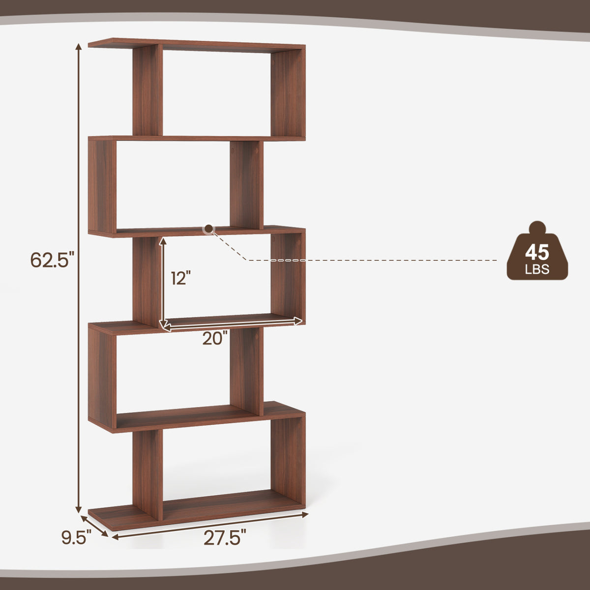 5-Tier S-Shaped Bookshelf with Anti-Tip Kit for Living Room Home Office-Walnut-Bookcases-DECOROLALA