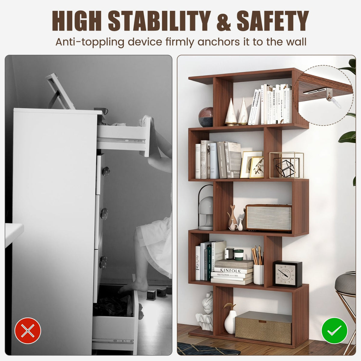 5-Tier S-Shaped Bookshelf with Anti-Tip Kit for Living Room Home Office-Walnut-Bookcases-DECOROLALA