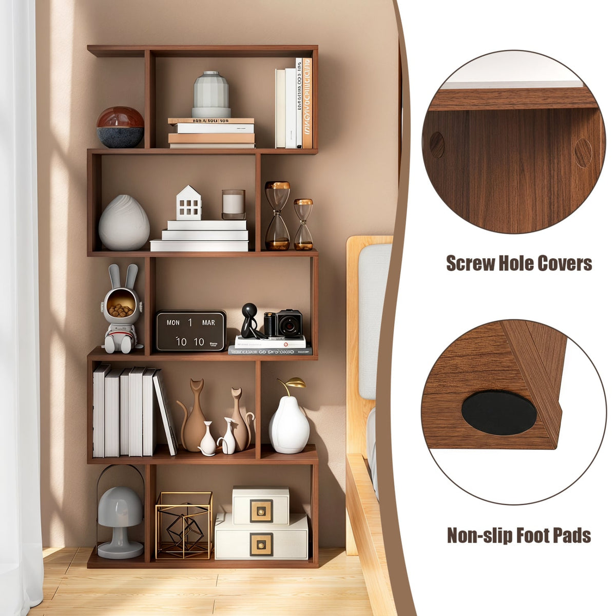 5-Tier S-Shaped Bookshelf with Anti-Tip Kit for Living Room Home Office-Walnut-Bookcases-DECOROLALA