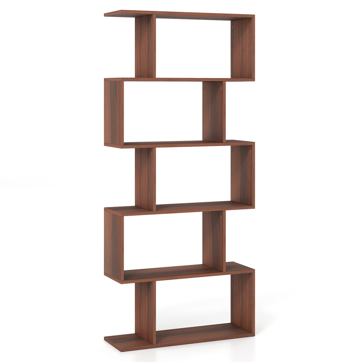 5-Tier S-Shaped Bookshelf with Anti-Tip Kit for Living Room Home Office-Walnut-Bookcases-DECOROLALA