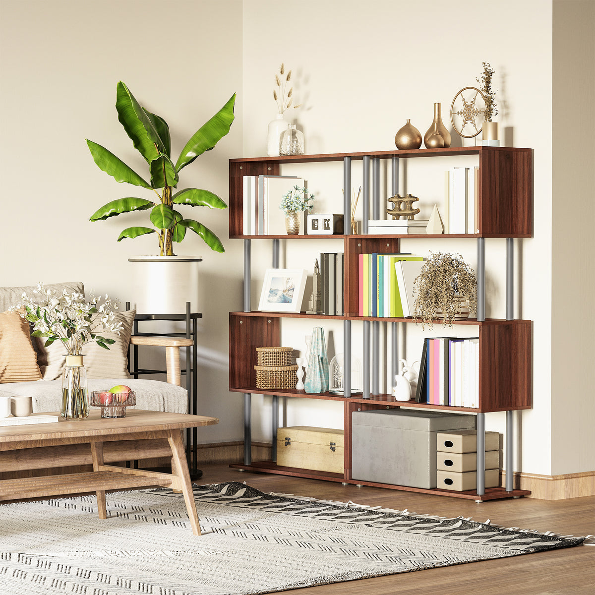 5-Tier S-Shaped Geometric Bookcase - Walnut 57"H-Home Furnishings > Storage & Organization > Bookshelves & Bookcases > Display Bookshelves-DECOROLALA